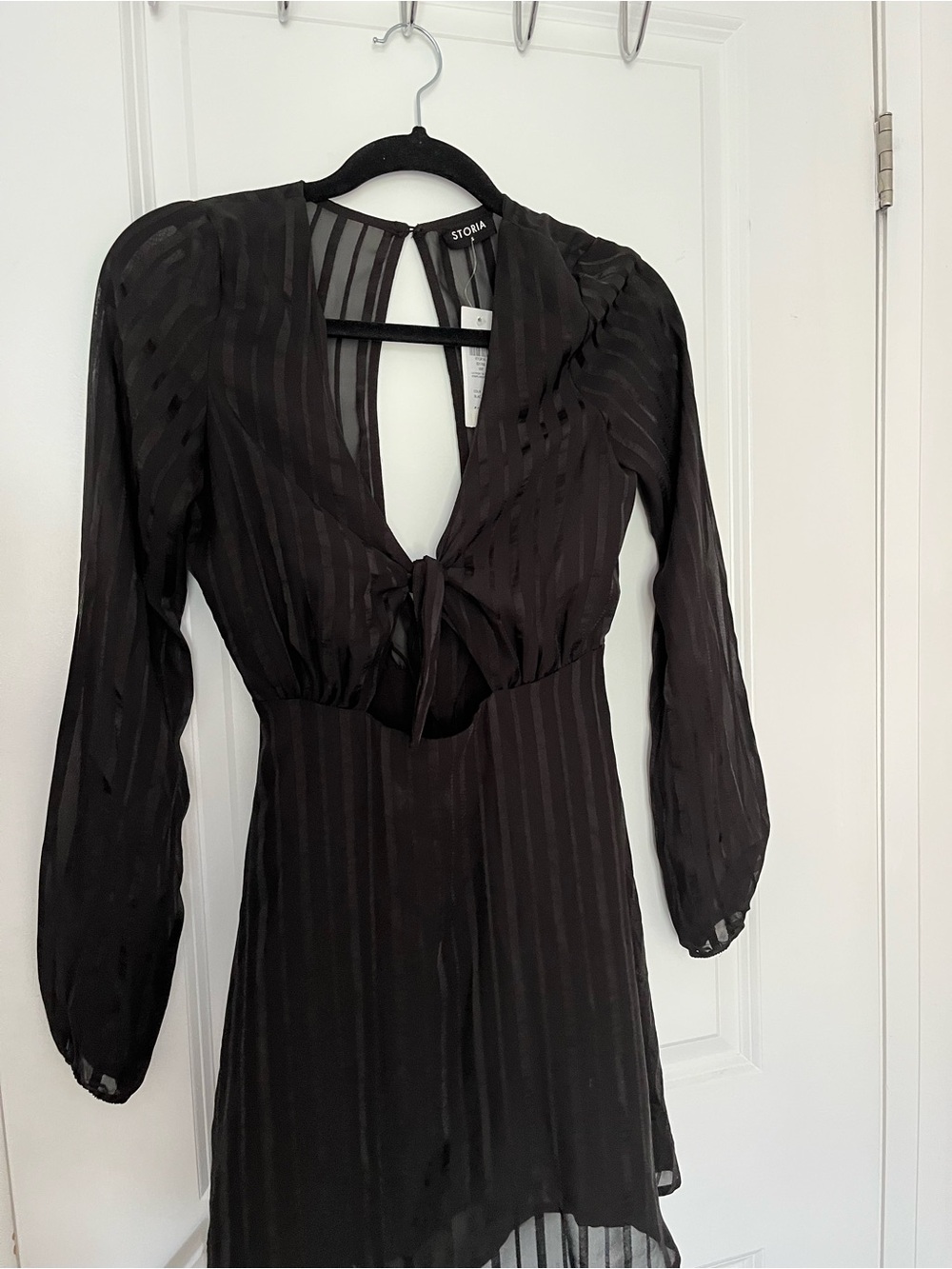 Storia Black Long-Sleeve Tie-Front Sheer-Stripe Dress